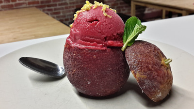 Intermezzo blood orange cup filled with raspberry sorbetto