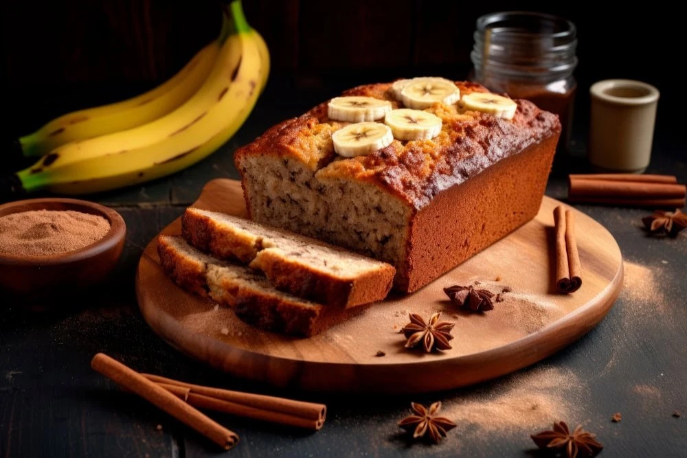 Moist banana bread made with ripe bananas and spices, perfect with a cup of tea