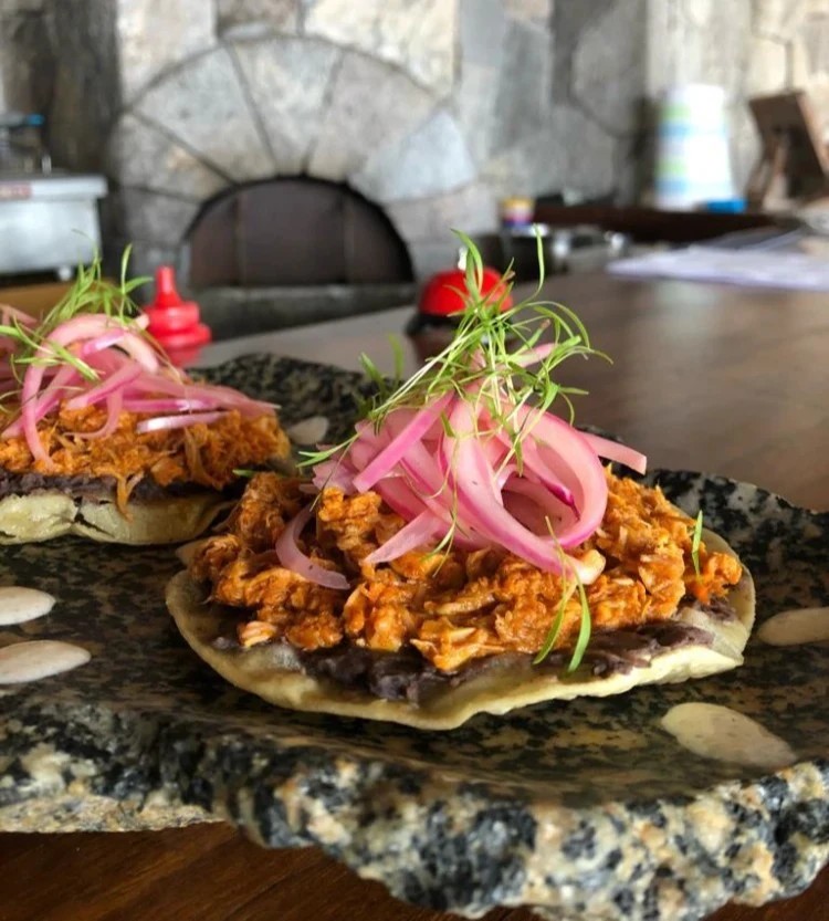 Tacos of bbq pork and beef garnished with red onion slices and cilantro