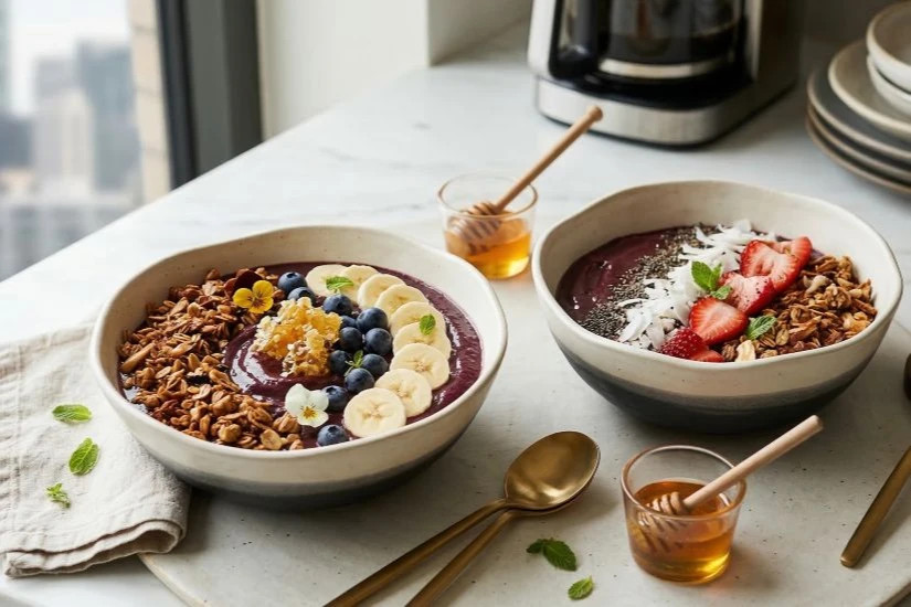 Two gourmet acai bowls presented on a white marble countertop in a luxury breakfast setting