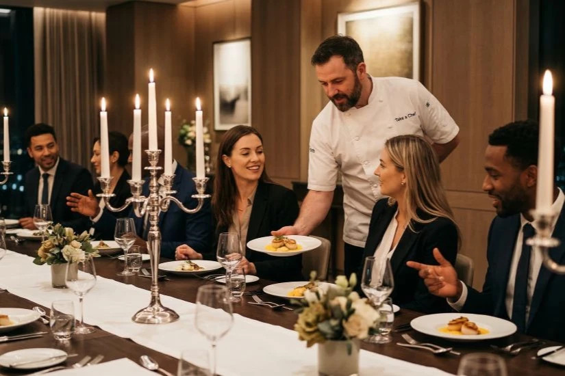 A candle-lit dinner table with guests enjoying a formal corporate meal