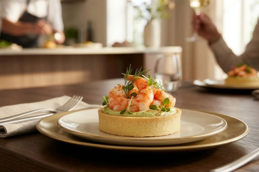 An elegant avocado and prawn canape arranged on platter