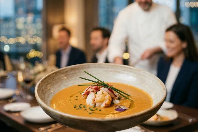 Refined lobster bisque served in a handcrafted ceramic bowl, garnished with lobster medallions and fresh chives.