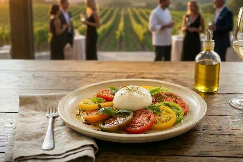 menu Image vibrant caprese salad with a whole burrata cheese ball on a handmade ceramic plate, garnished with basil
