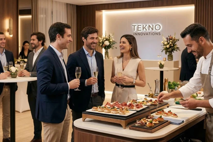 A stylish corporate product launch event with guests mingling and enjoying food